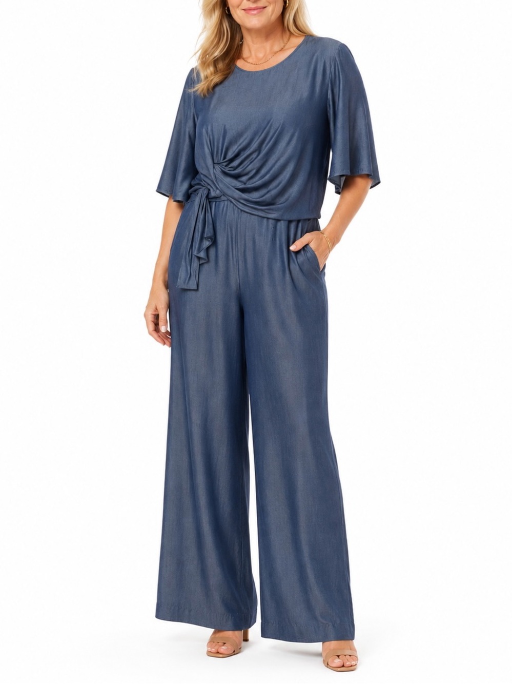 NWT The Fold London Women’s Sz 14 Blue Lyocell Wide Leg Jumpsuit